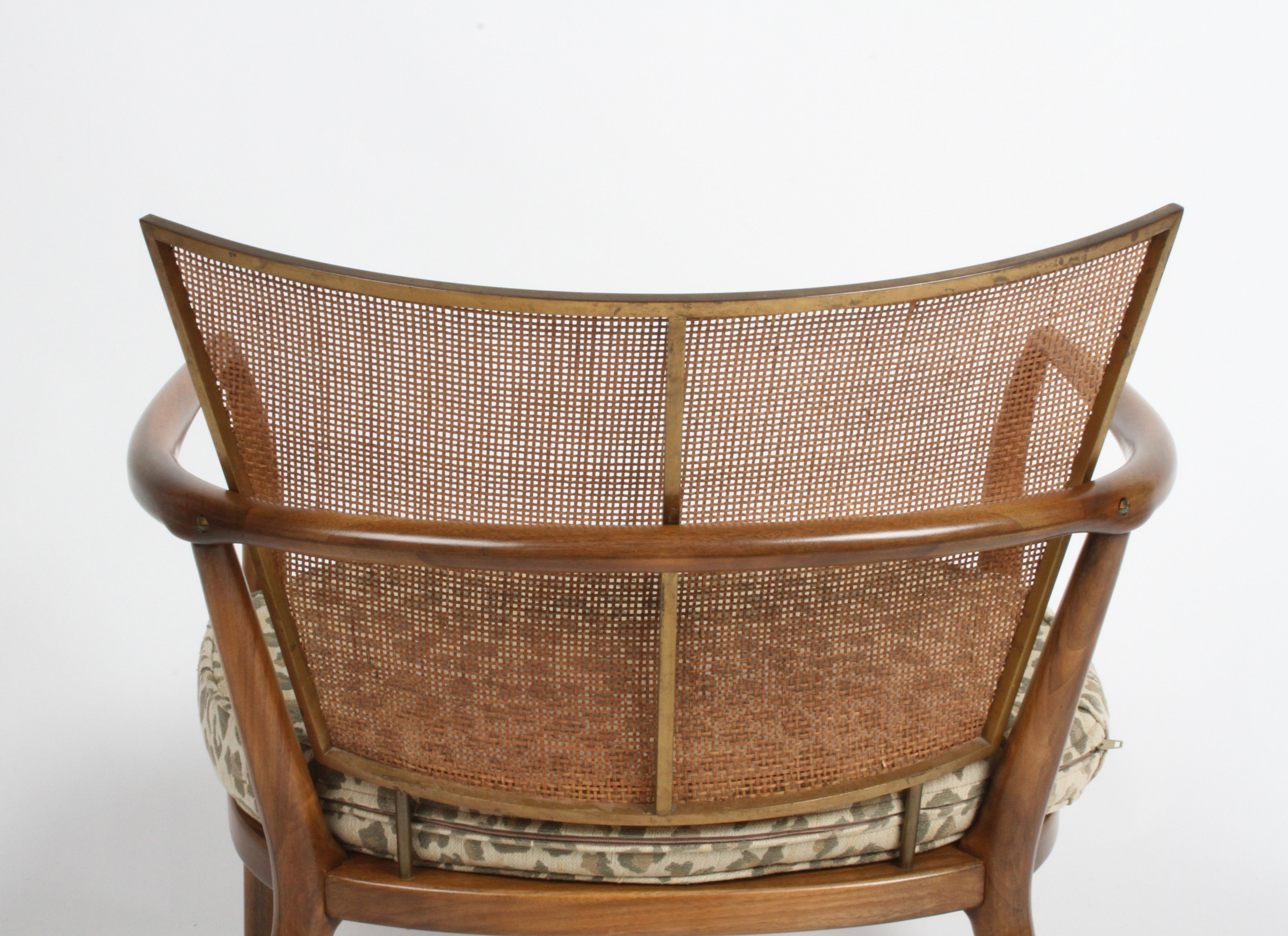 Elegant Bert England Mid-Century Lounge Chair with Walnut, Brass and Cane Back 1