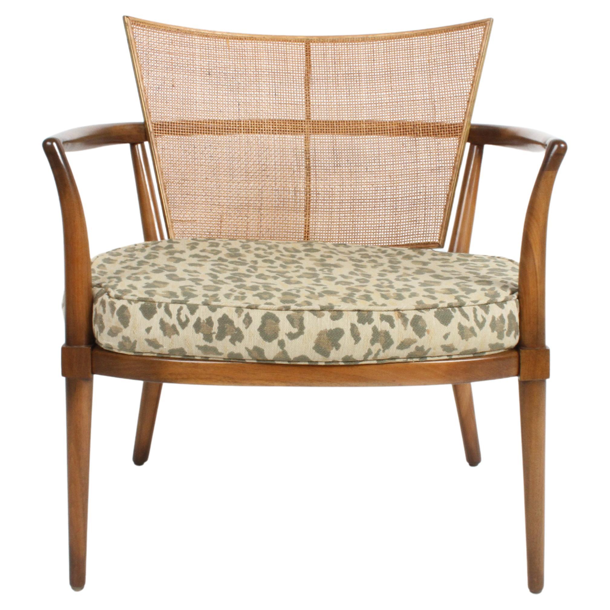 Elegant Bert England Mid-Century Lounge Chair with Walnut, Brass and Cane Back