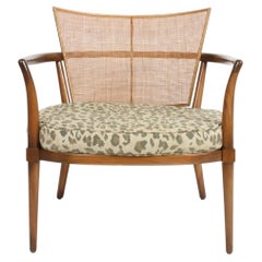 Elegant Bert England Mid-Century Lounge Chair with Walnut, Brass and Cane Back