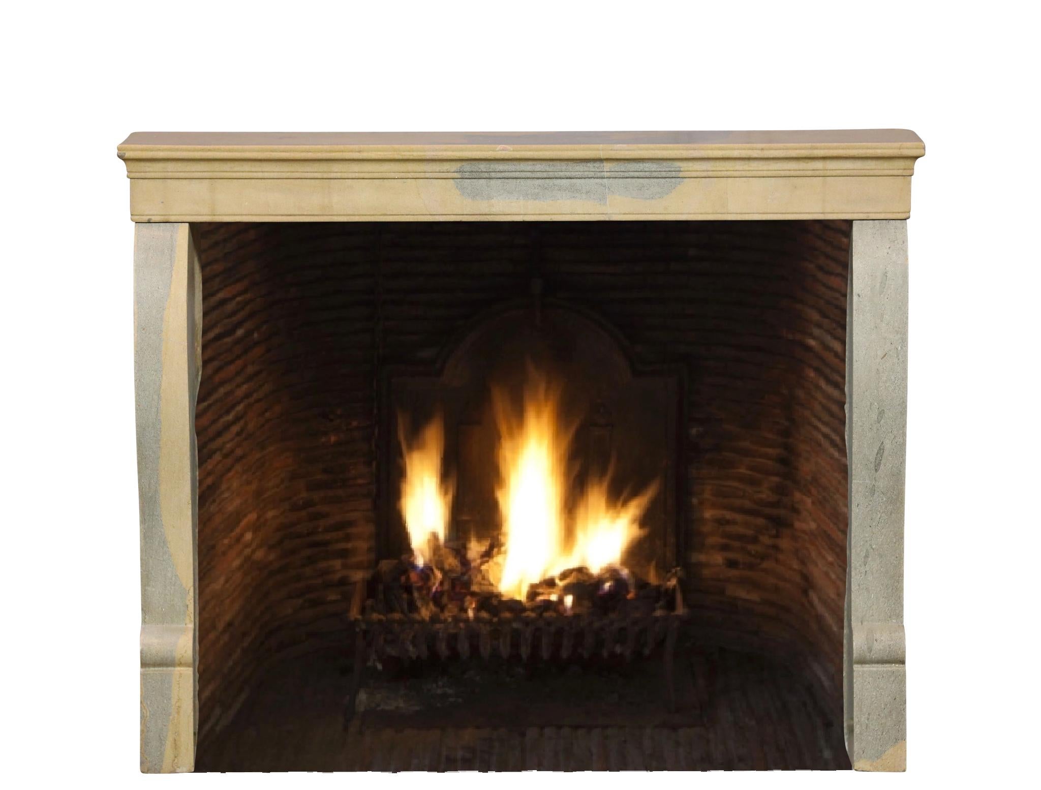 Hand-Carved Elegant Bicolor Stone Fireplace Surround For Timeless Interior Design For Sale