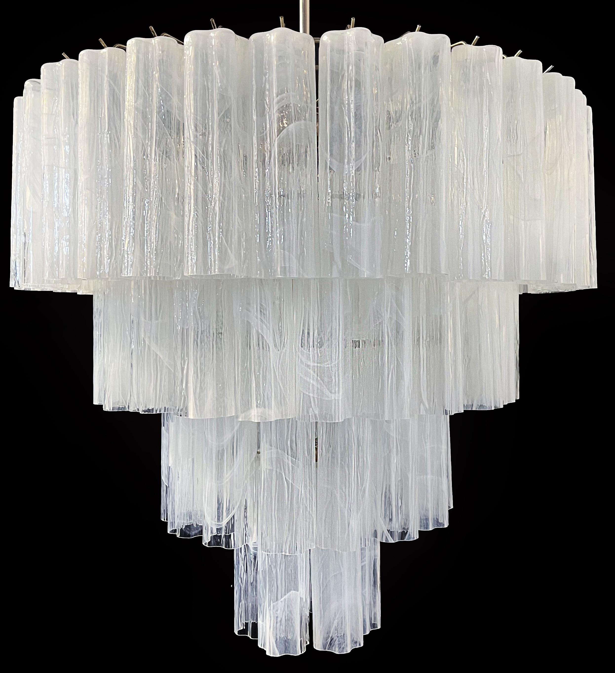 Art Glass Elegant Big Vintage Murano Glass Tiered Chandelier, 78 Alabaster White Glasses For Sale