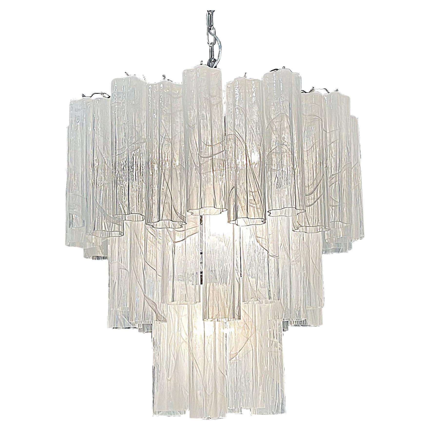 Elegant Big Vintage Murano Glass Tiered Chandelier, 78 Alabaster White Glasses For Sale