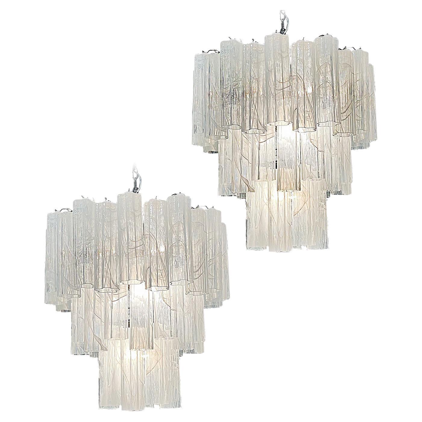 Elegant Big Vintage Murano Glass Tiered Chandeliers, 78 Alabaster White Glasses