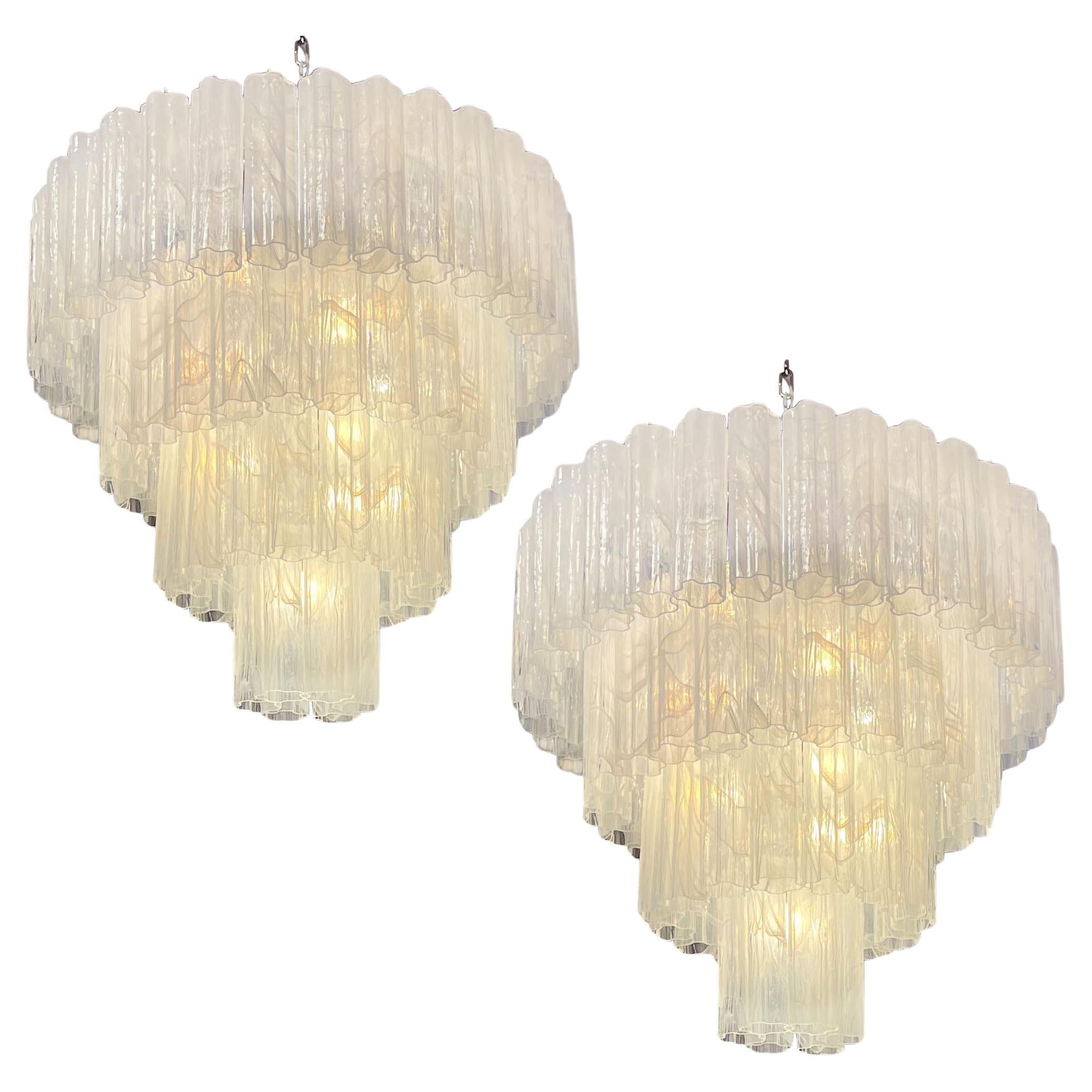Elegant Big Vintage Murano Glass Tiered Chandeliers, 78 Alabaster White Glasses