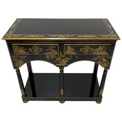 Elegant Black and Gold Chinoiserie Console with Two Drawers