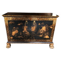 Elegant Black and Gold Chinoiserie Style Credenza Cabinet