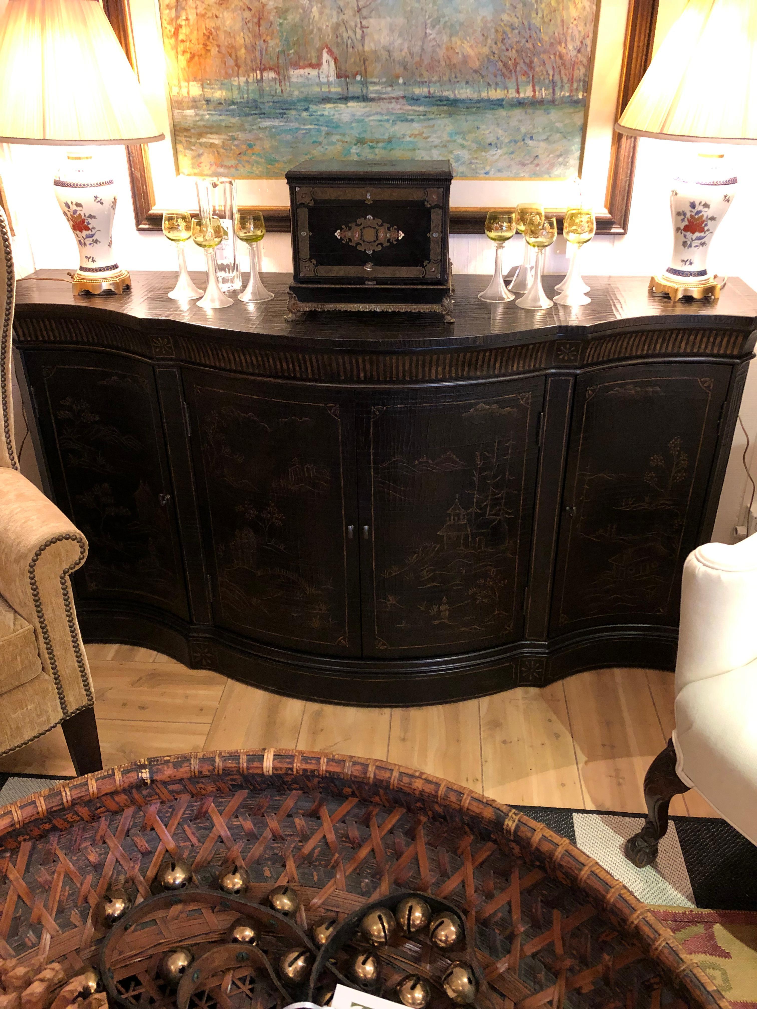 Elegant Black and Gold Hand Painted Chinoiserie Style Sideboard Credenza 6
