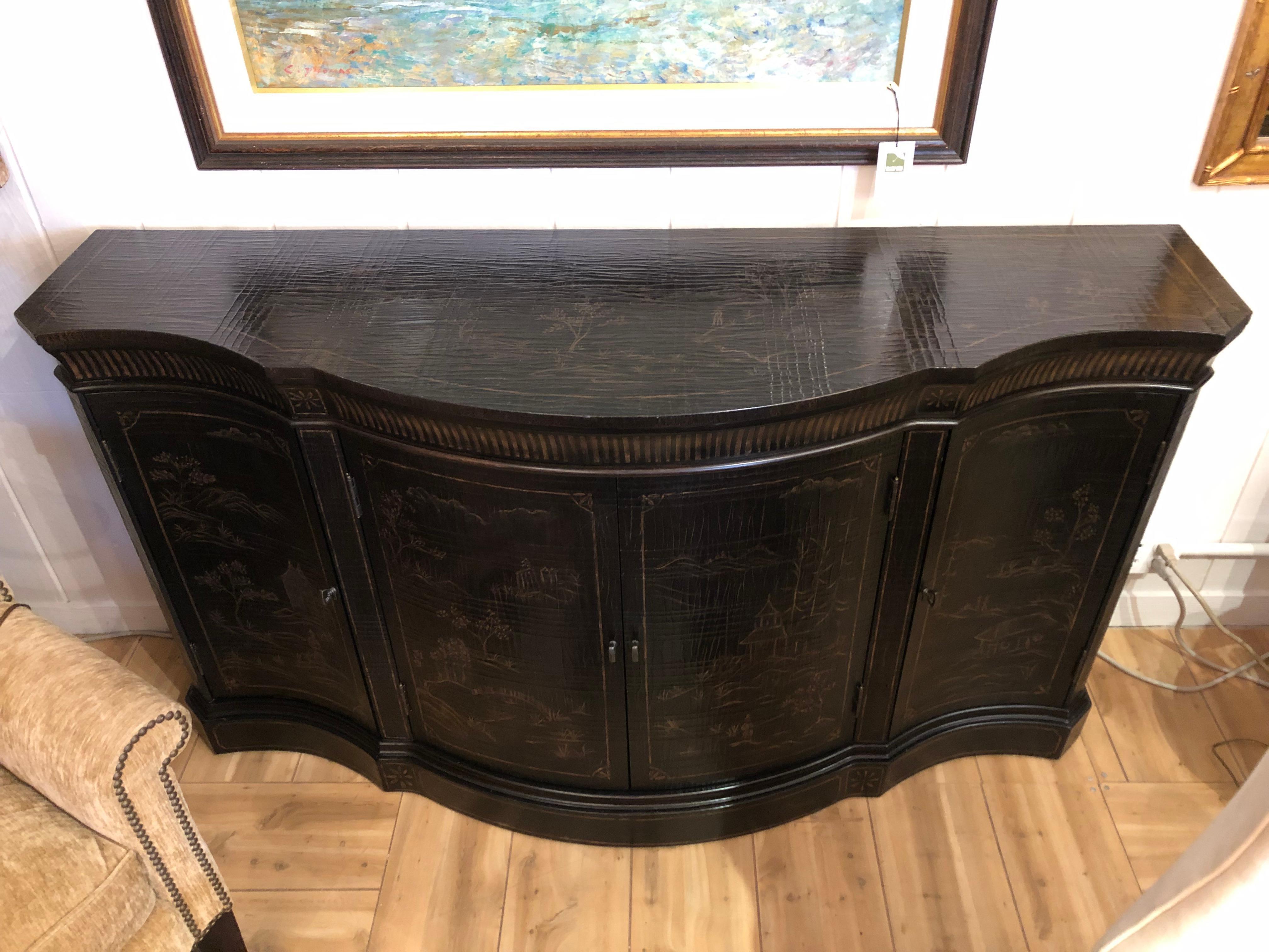 Elegant Black and Gold Hand Painted Chinoiserie Style Sideboard Credenza 7