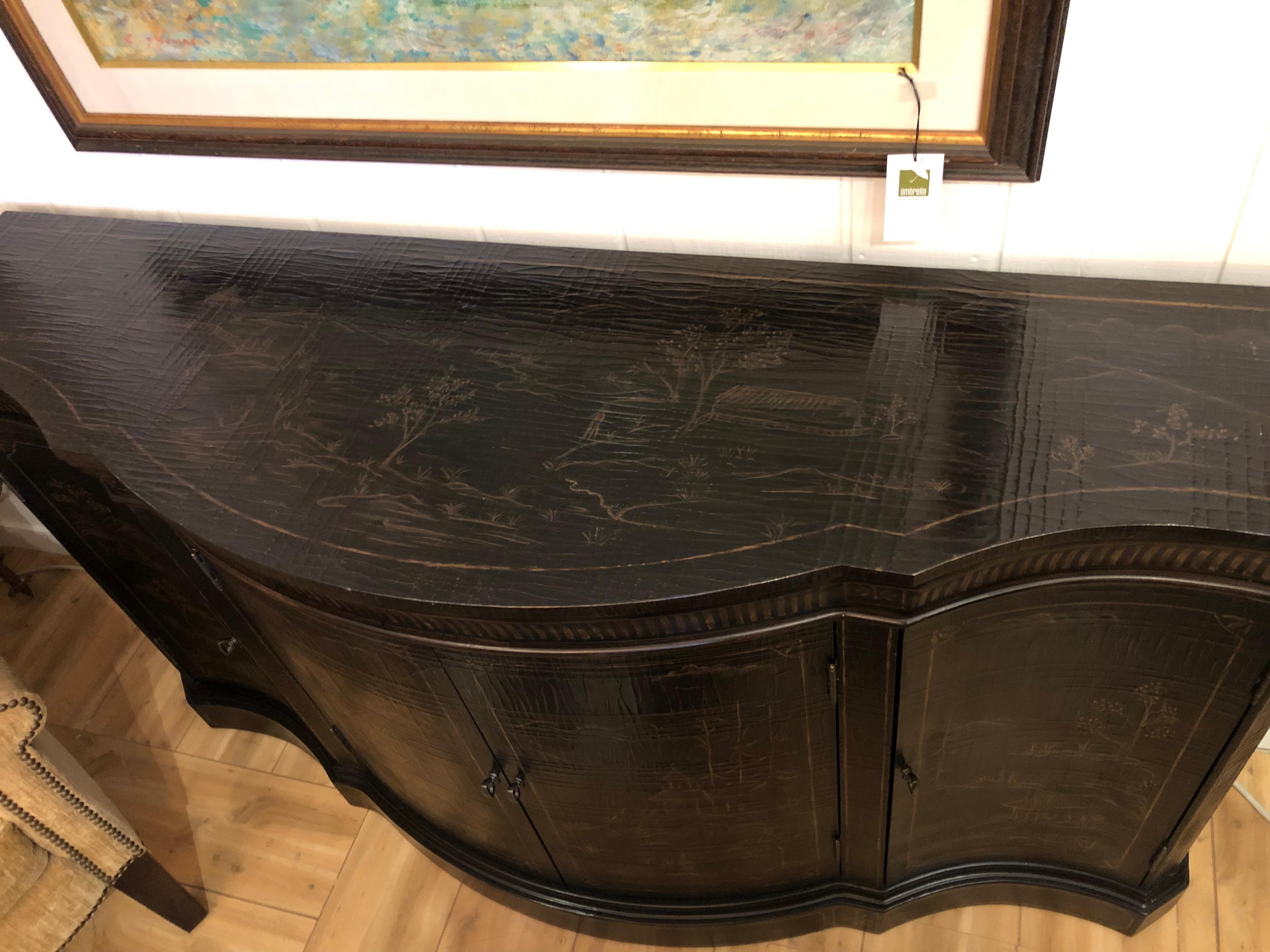 American Elegant Black and Gold Hand Painted Chinoiserie Style Sideboard Credenza