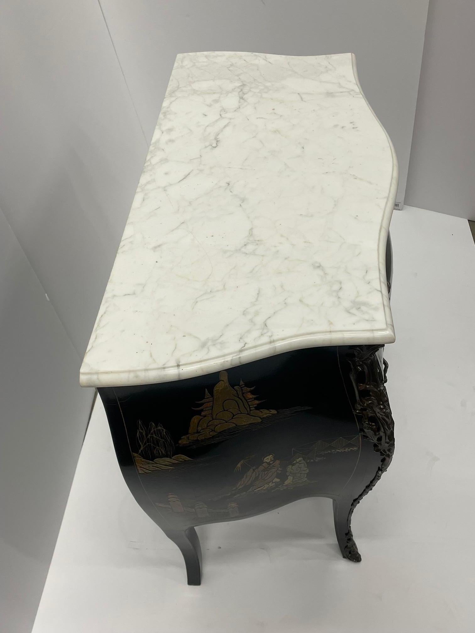Elegant Black and Gold Louis XV Chinoiserie Commode with White Marble Top 5