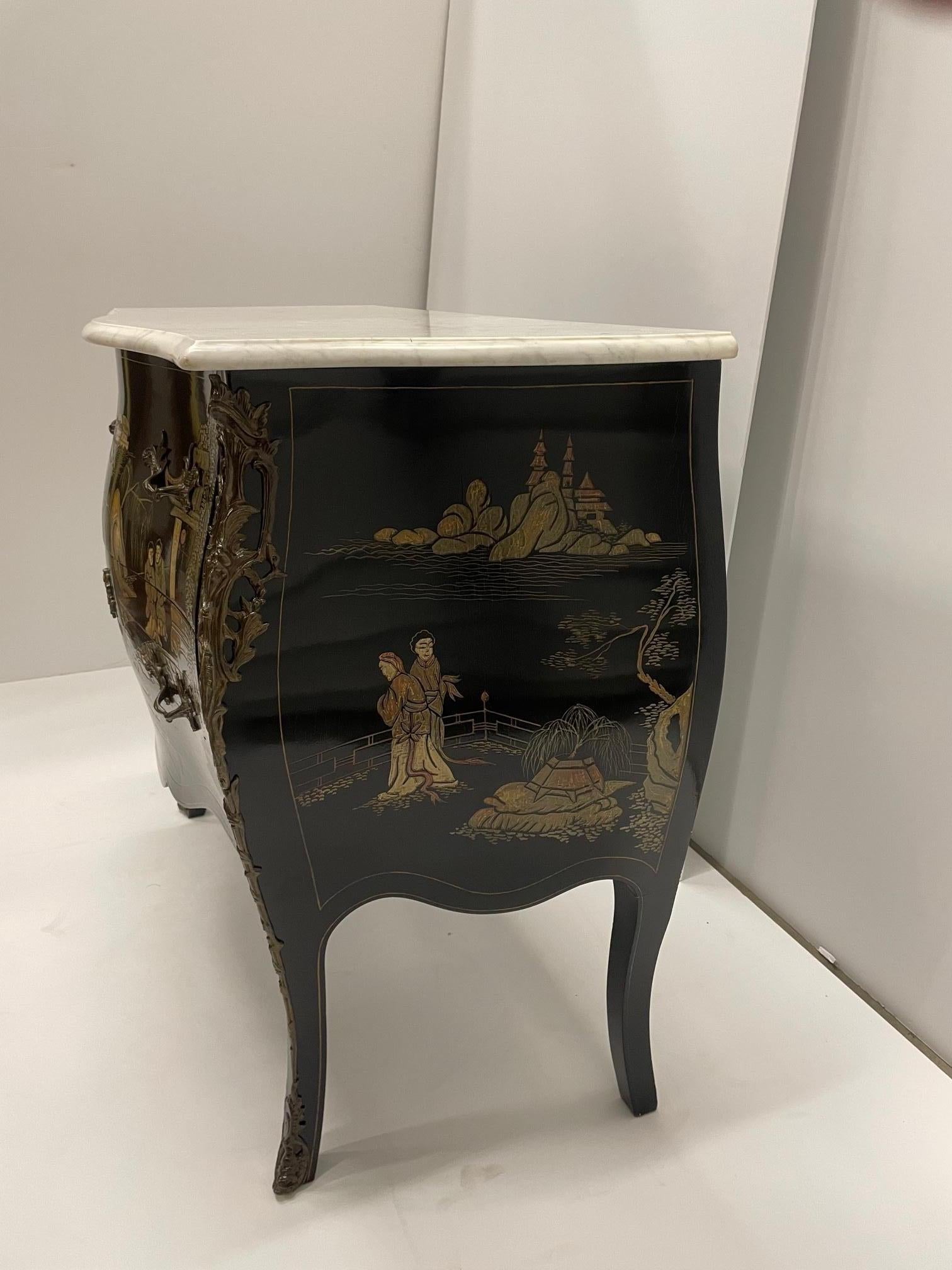 Elegant Black and Gold Louis XV Chinoiserie Commode with White Marble Top 6