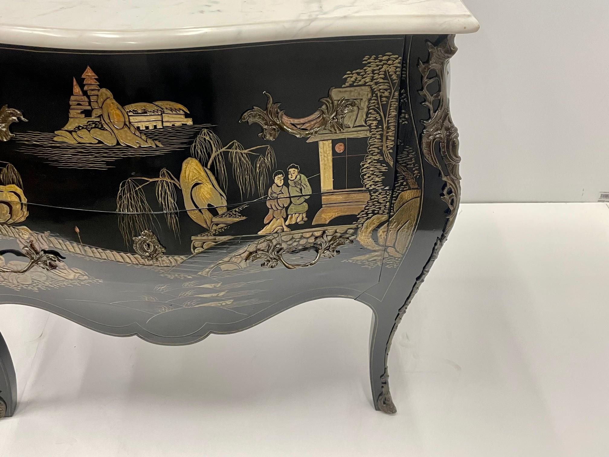 Elegant Black and Gold Louis XV Chinoiserie Commode with White Marble Top In Good Condition In Hopewell, NJ