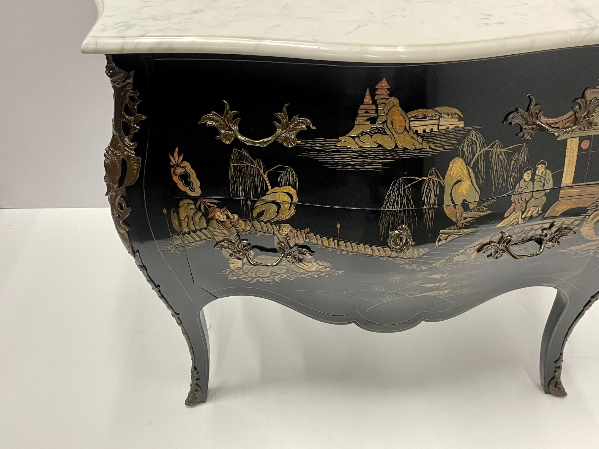 Mid-20th Century Elegant Black and Gold Louis XV Chinoiserie Commode with White Marble Top