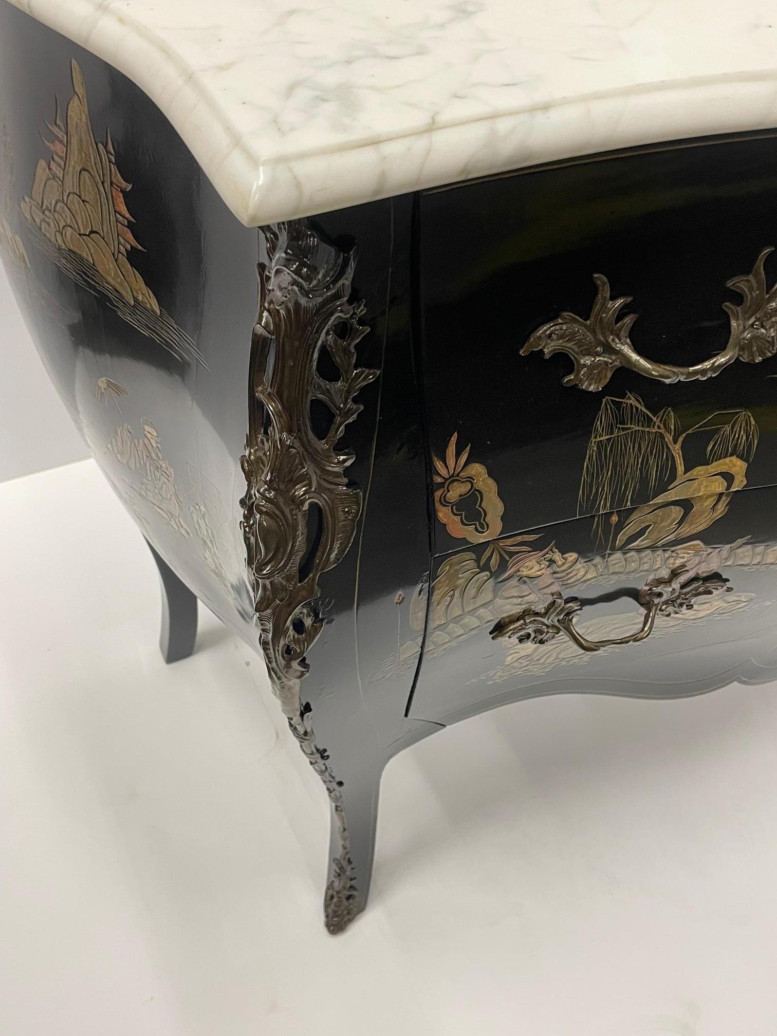 Elegant Black and Gold Louis XV Chinoiserie Commode with White Marble Top 1