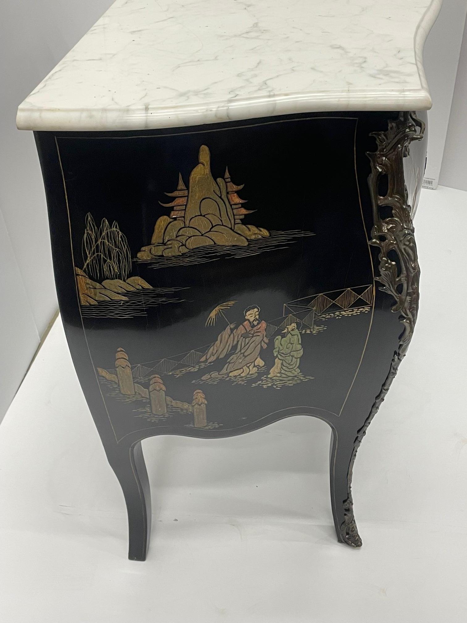 Elegant Black and Gold Louis XV Chinoiserie Commode with White Marble Top 2