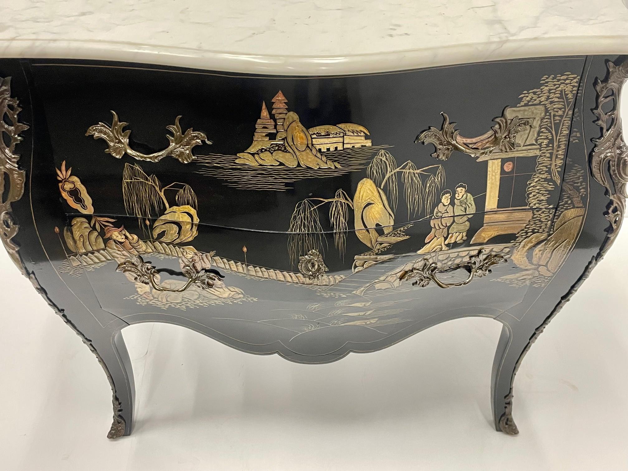 Elegant Black and Gold Louis XV Chinoiserie Commode with White Marble Top 3