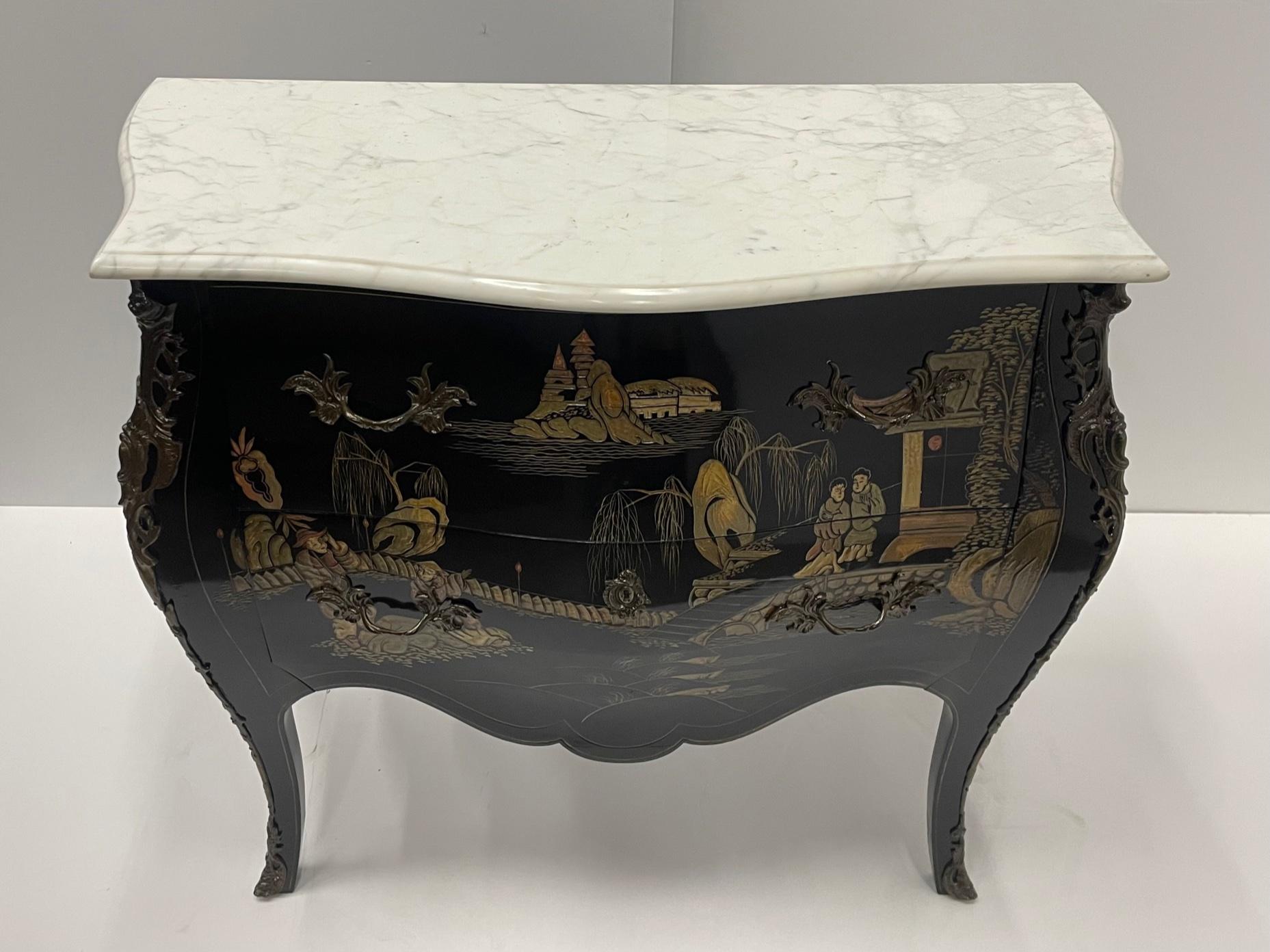 Elegant Black and Gold Louis XV Chinoiserie Commode with White Marble Top 4