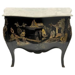 Elegant Black and Gold Louis XV Chinoiserie Commode with White Marble Top