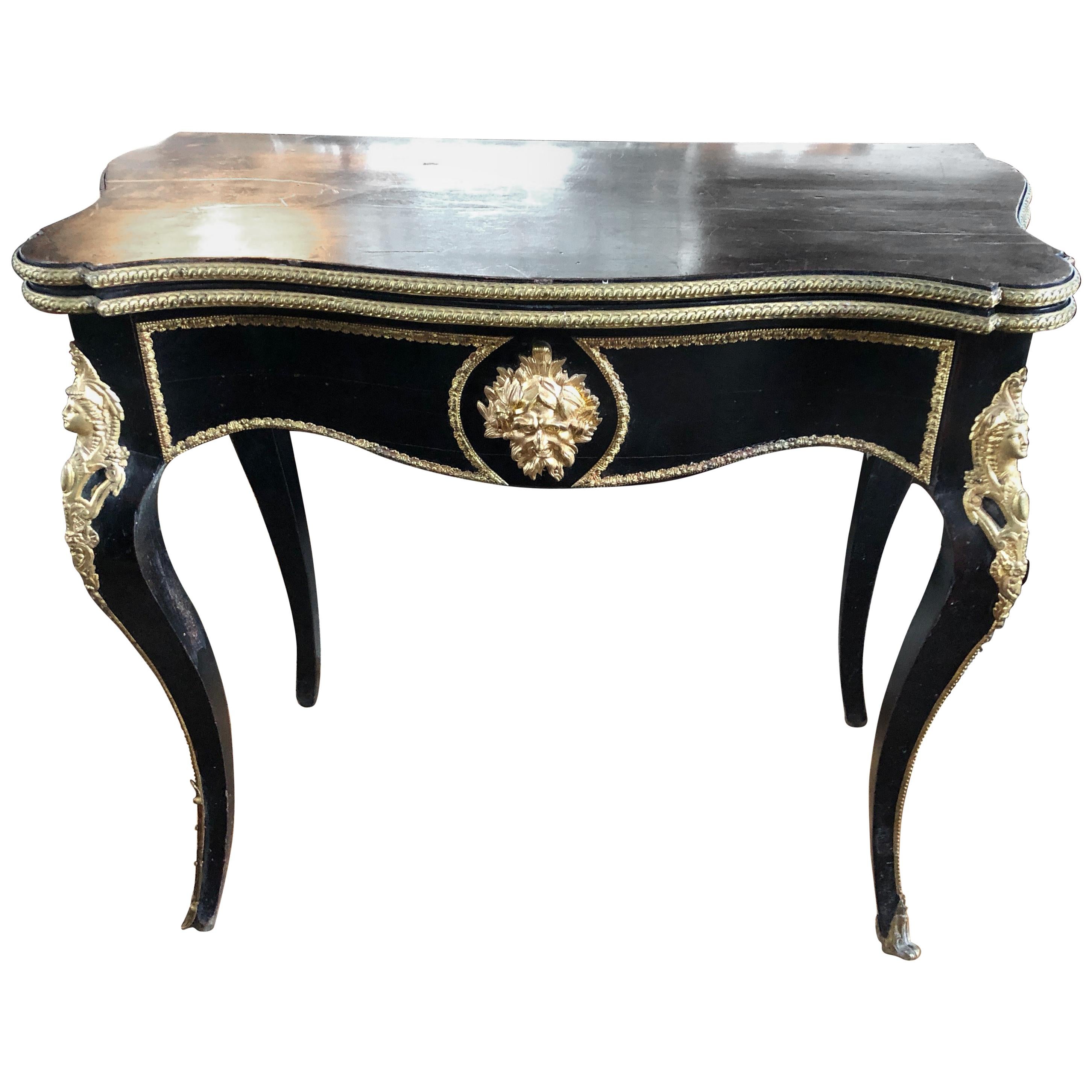 Elegant Black and Gold Louis XVI Style Console Game Table