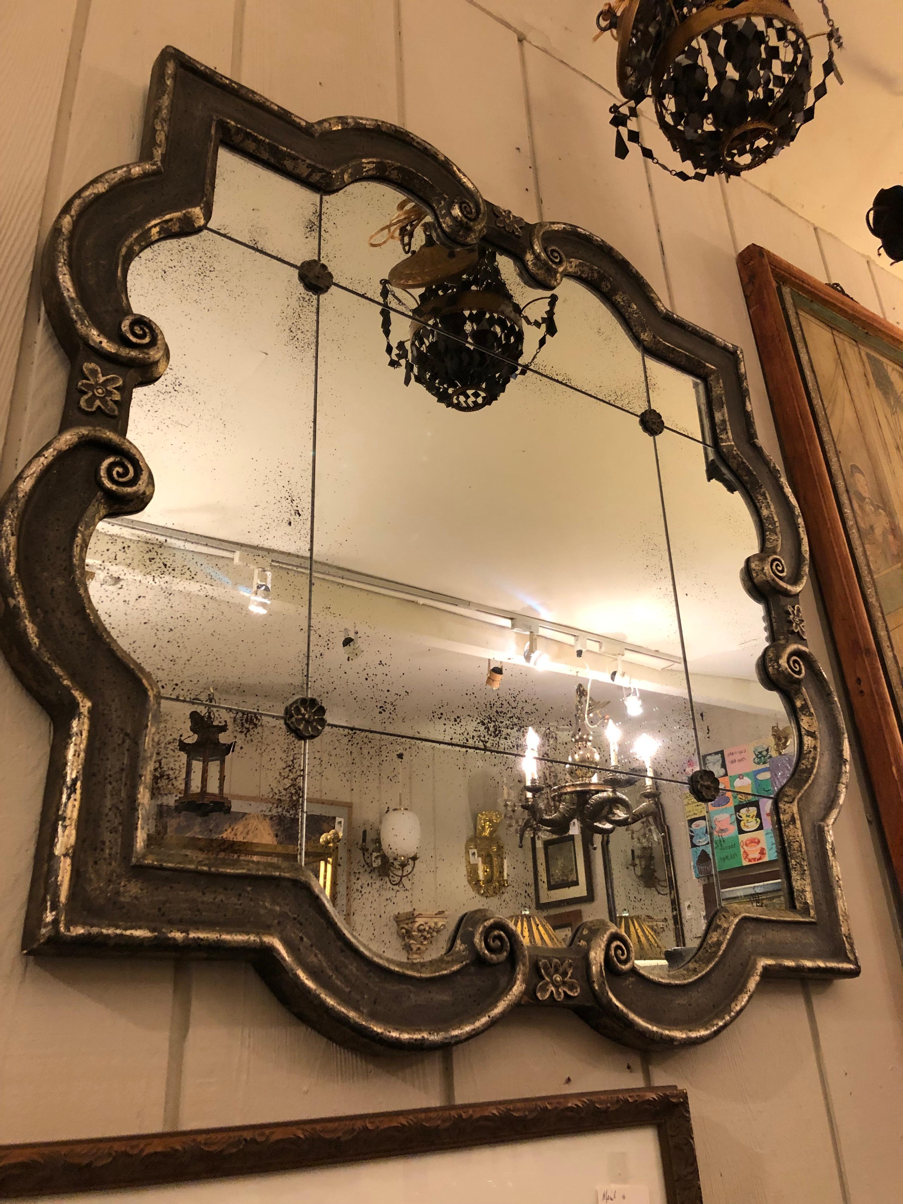 Elegant Black and Silvered Ghosted Aged Mirror For Sale 2