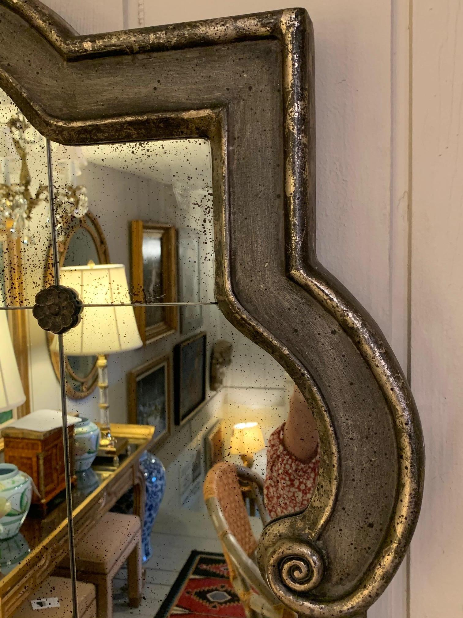 Elegant Black and Silvered Ghosted Aged Mirror For Sale 1