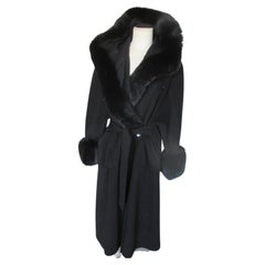 Vintage  Elegant Black Cashmere Fox Fur Flared Hooded Coat