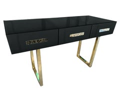 Elegant Black Console in Mirrored Murano Glass, Brass Handles and Legs, Availabl