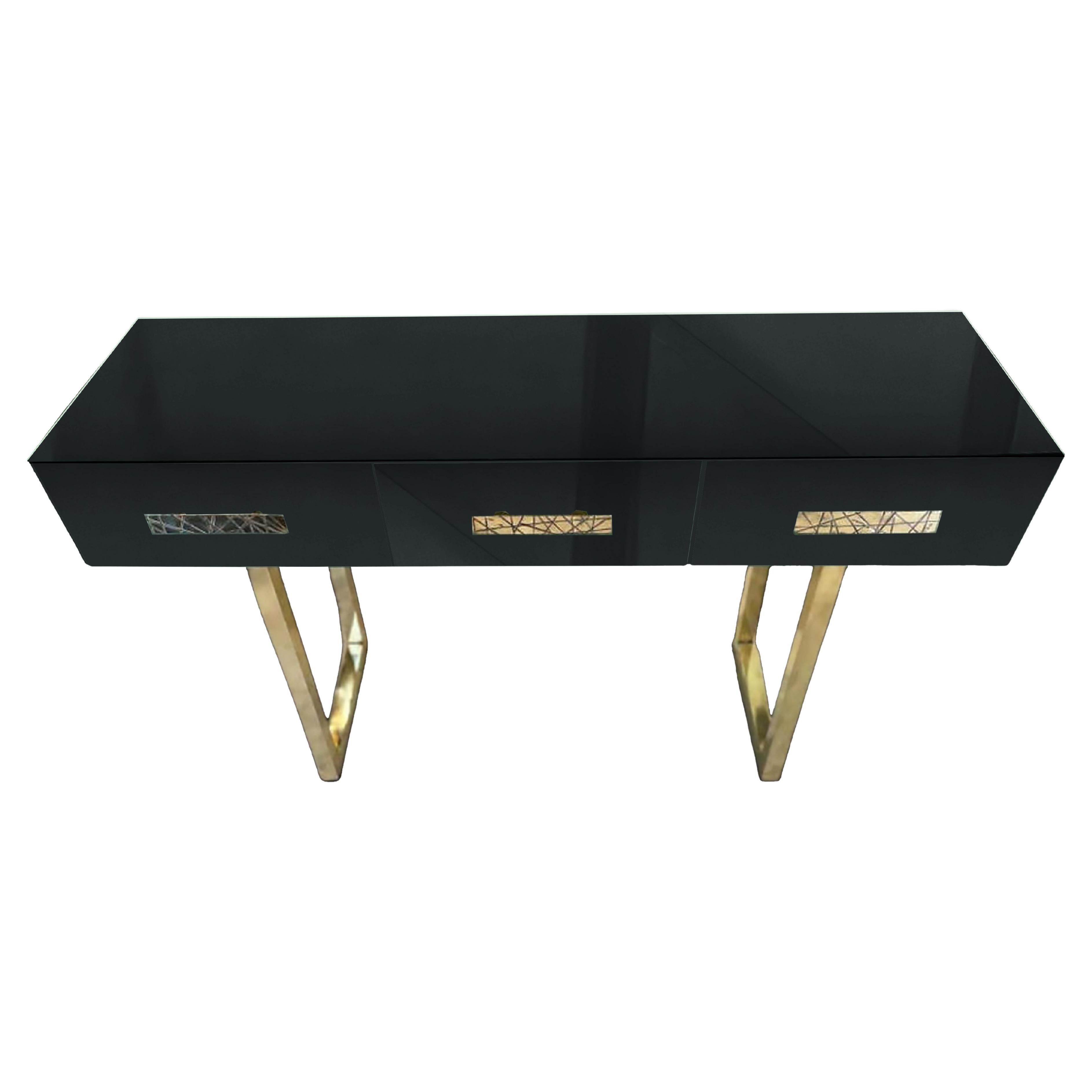 Elegante Consola Negra en Cristal de Murano Espejado, Tiradores y Patas de Latón, Disponible en