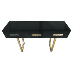 Elegant Black Console in Mirrored Murano Glass, Brass Handles and Legs, Availabl
