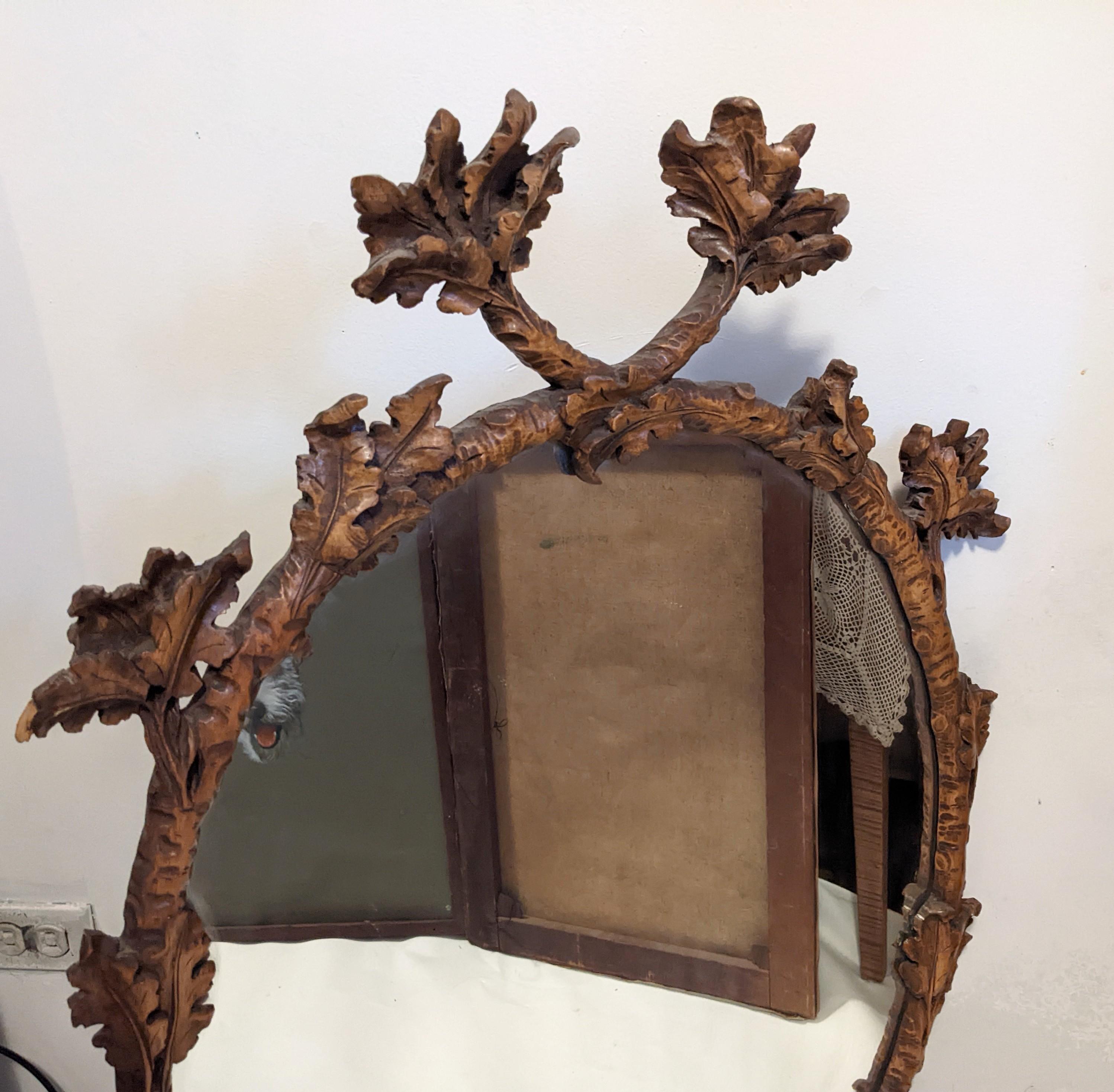 German Elegant Black Forest Hand Carved Oak Leaf Mirror