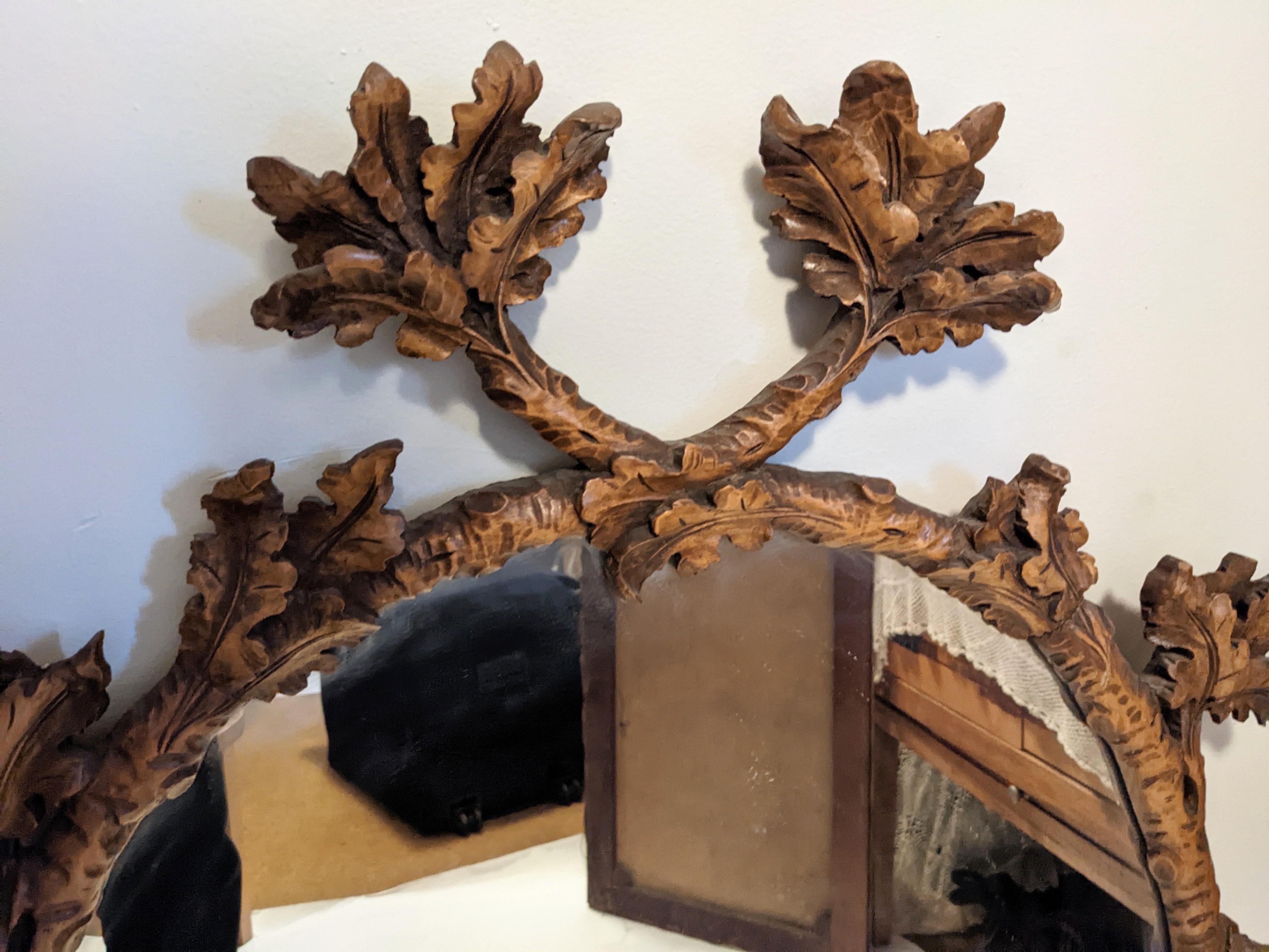 Wood Elegant Black Forest Hand Carved Oak Leaf Mirror