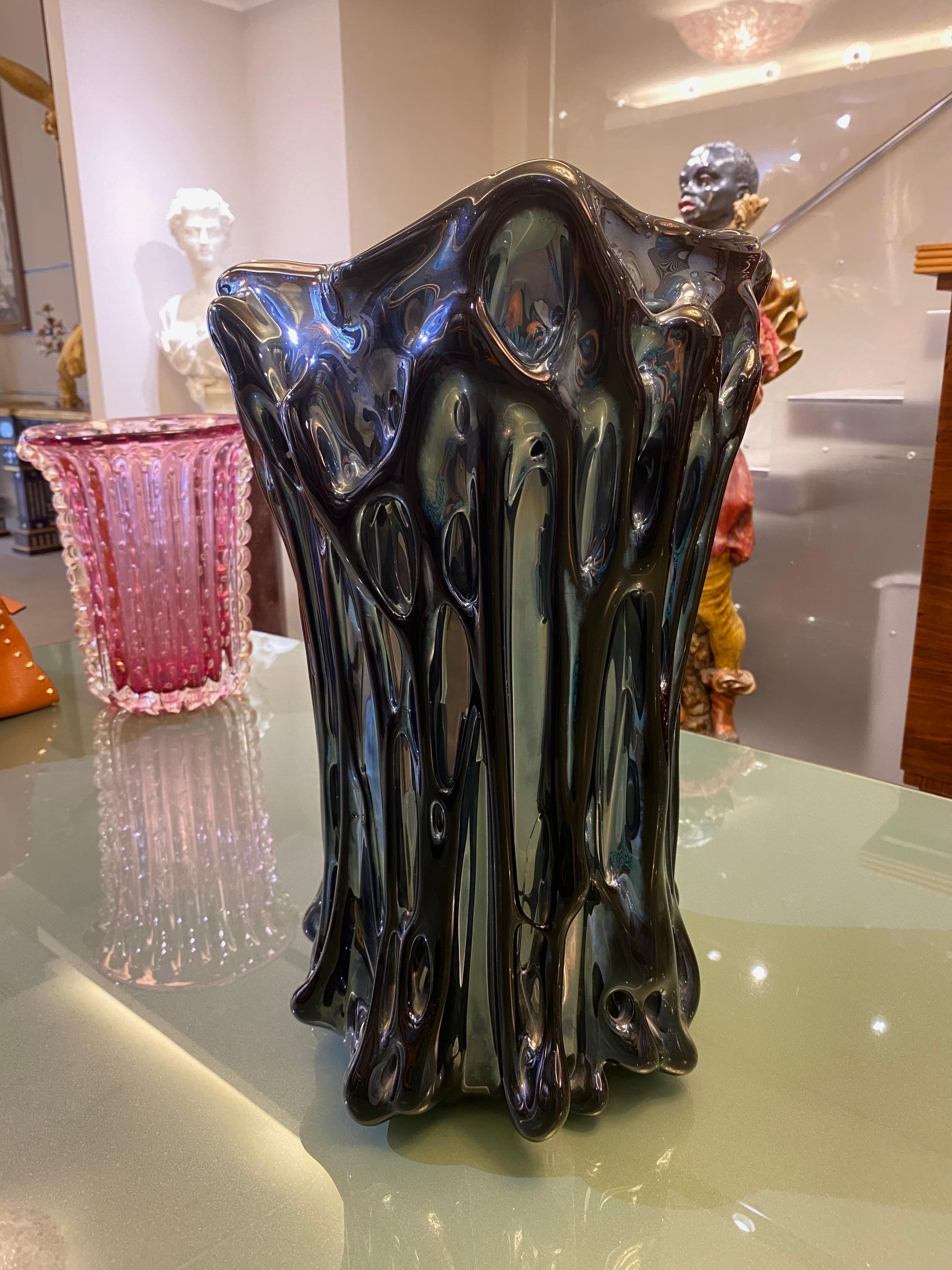 Blown Glass Elegant Black Iridescent Murano Glass Vase For Sale