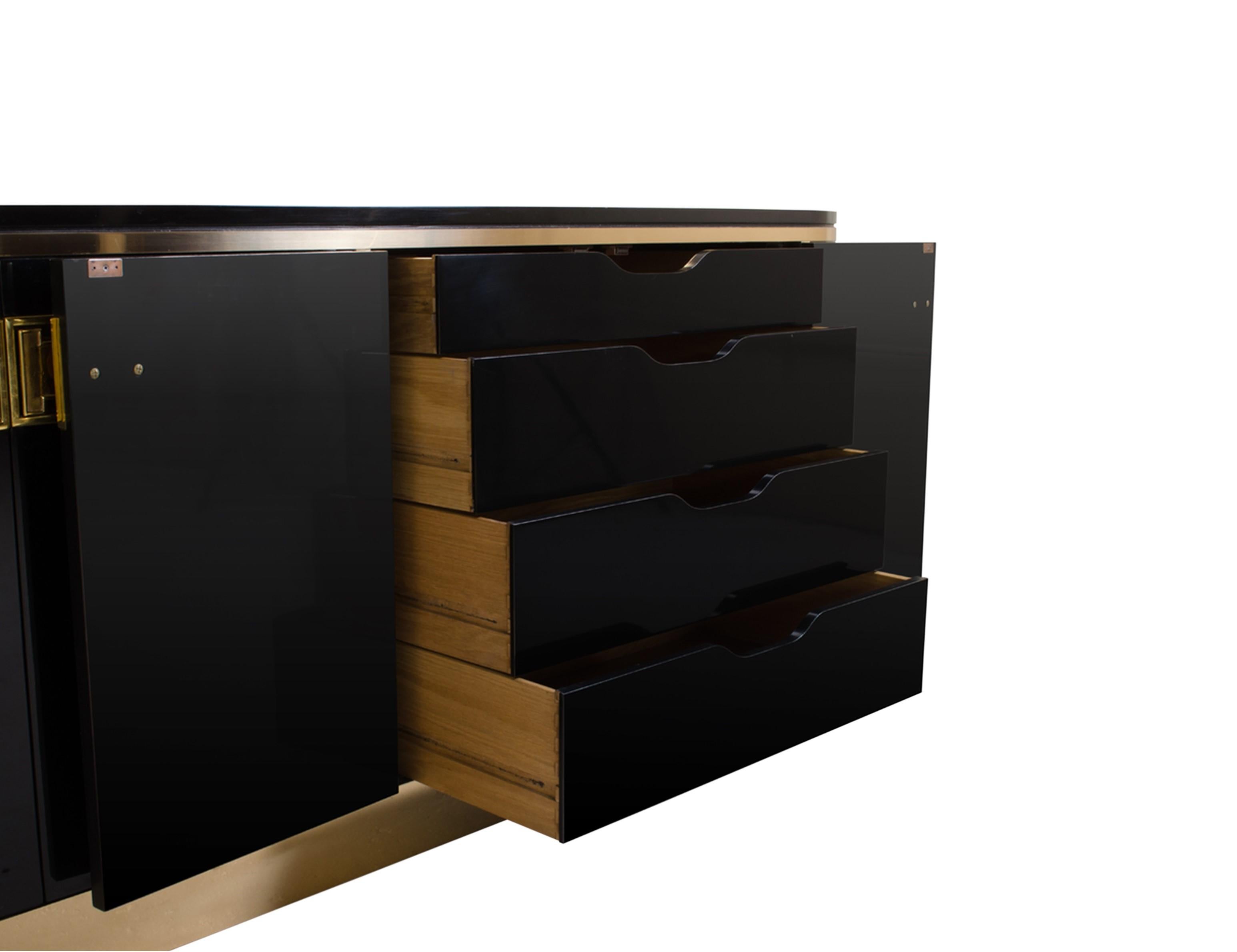 Lacquered Elegant Black Lacquer and Polished Brass Sideboard/Credenza by Mastercraft For Sale