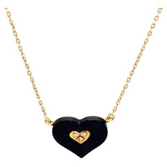 Elegant Black Onyx & Diamond Heart Shape Pendant In 18ct Yellow Gold