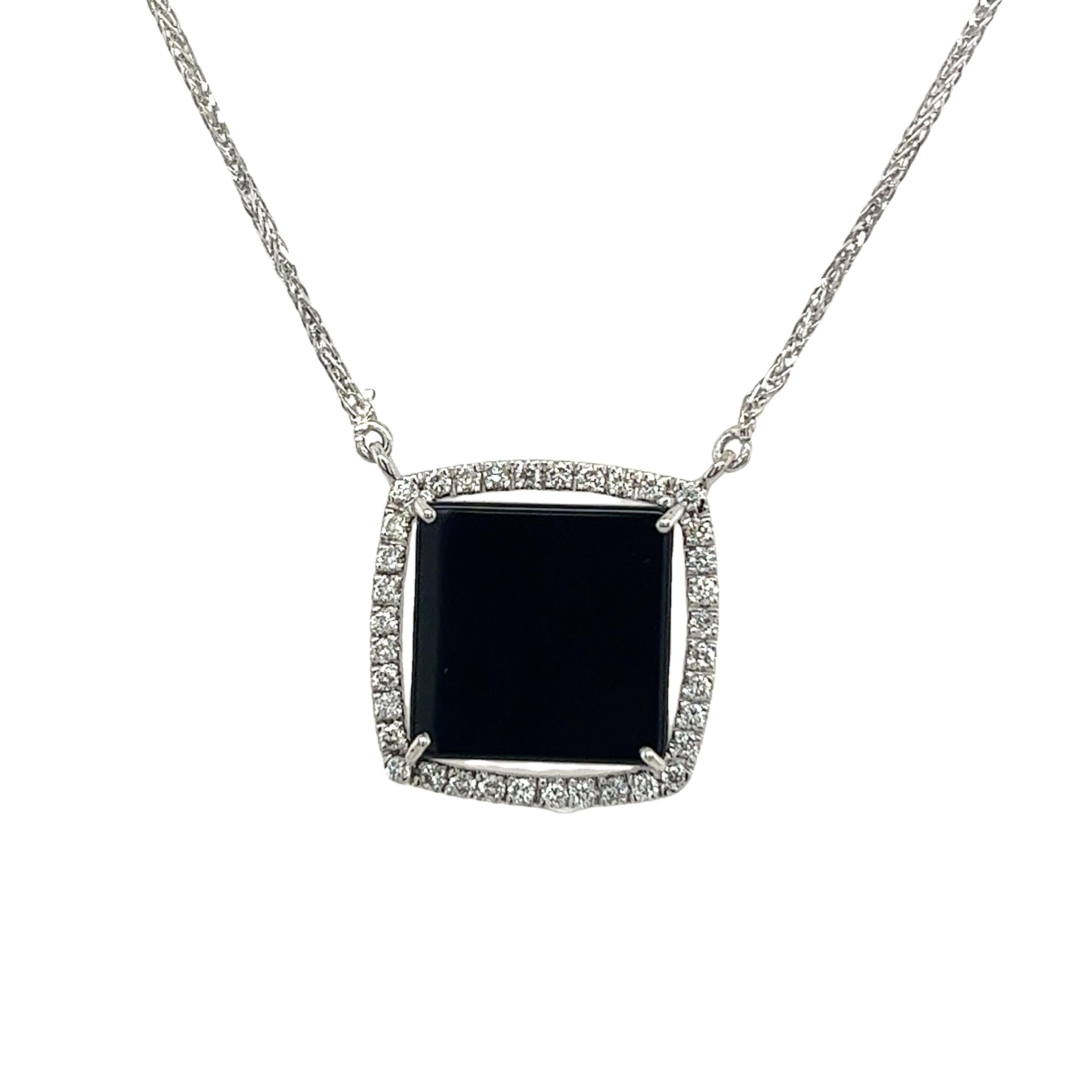 Round Cut Elegant Black Onyx & Diamond Pendant In 18ct White Gold For Sale