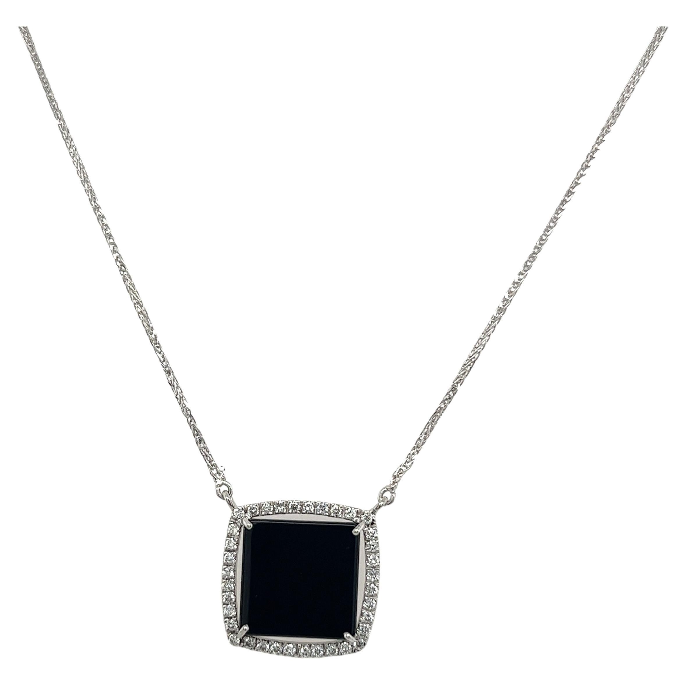 Elegant Black Onyx & Diamond Pendant In 18ct White Gold For Sale