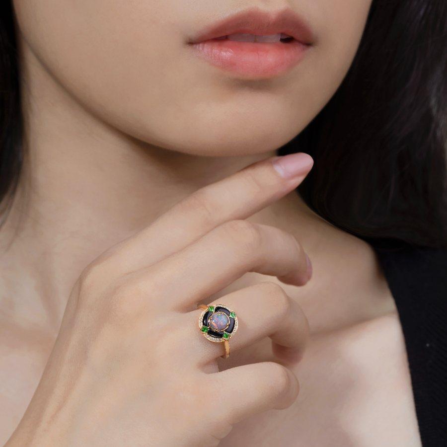 Arts and Crafts Elegant Black Opal, Diamond & Tsavorite Engagement Ring 18K Yellow Gold For Sale