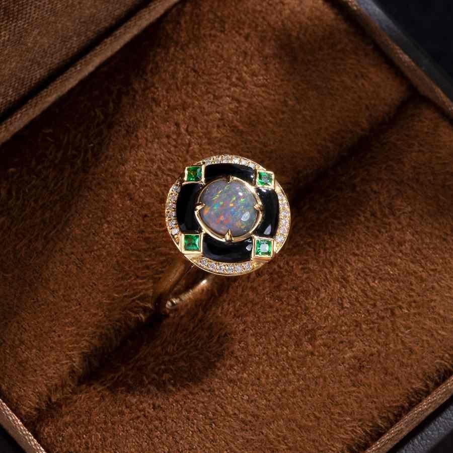 Brilliant Cut Elegant Black Opal, Diamond & Tsavorite Engagement Ring 18K Yellow Gold For Sale