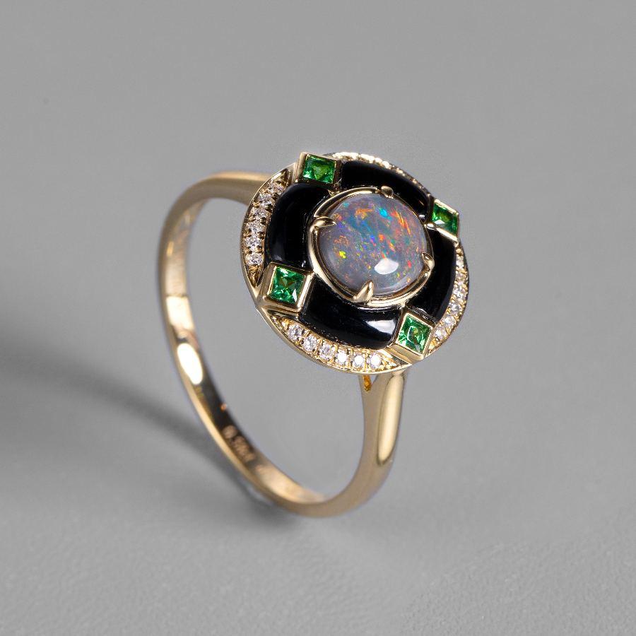 Elegant Black Opal, Diamond & Tsavorite Engagement Ring 18K Yellow Gold In New Condition For Sale In Suwanee, GA