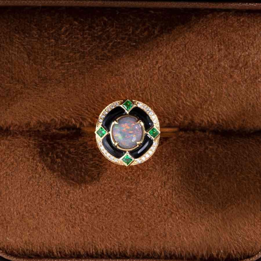 Elegant Black Opal, Diamond & Tsavorite Engagement Ring 18K Yellow Gold For Sale 1