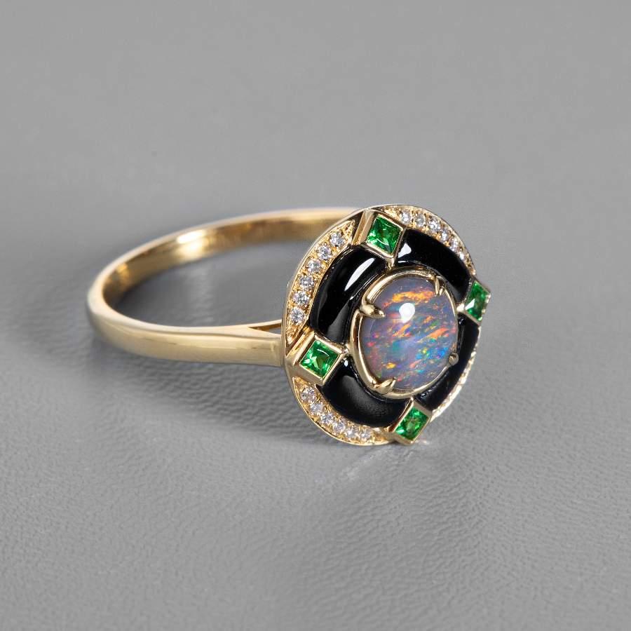 Elegant Black Opal, Diamond & Tsavorite Engagement Ring 18K Yellow Gold For Sale 2