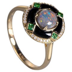 Elegant Black Opal, Diamond & Tsavorite Engagement Ring 18K Yellow Gold