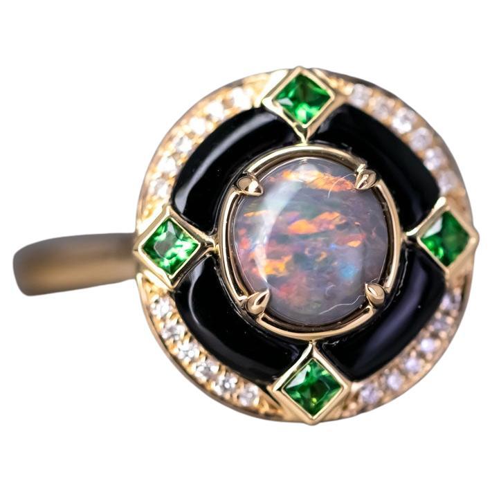 Elegant Black Opal, Diamond & Tsavorite Engagement Ring 18K Yellow Gold