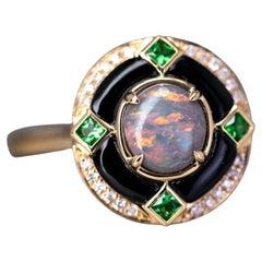 Élégante bague de fiançailles en or jaune 18 carats, diamants, tsavorites et opale noire