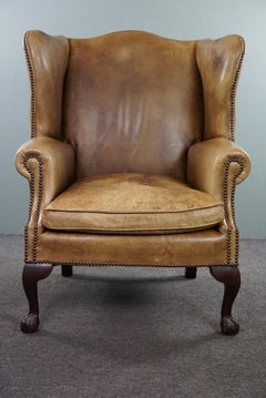 Eleganter blonder Ohrensessel aus Leder.