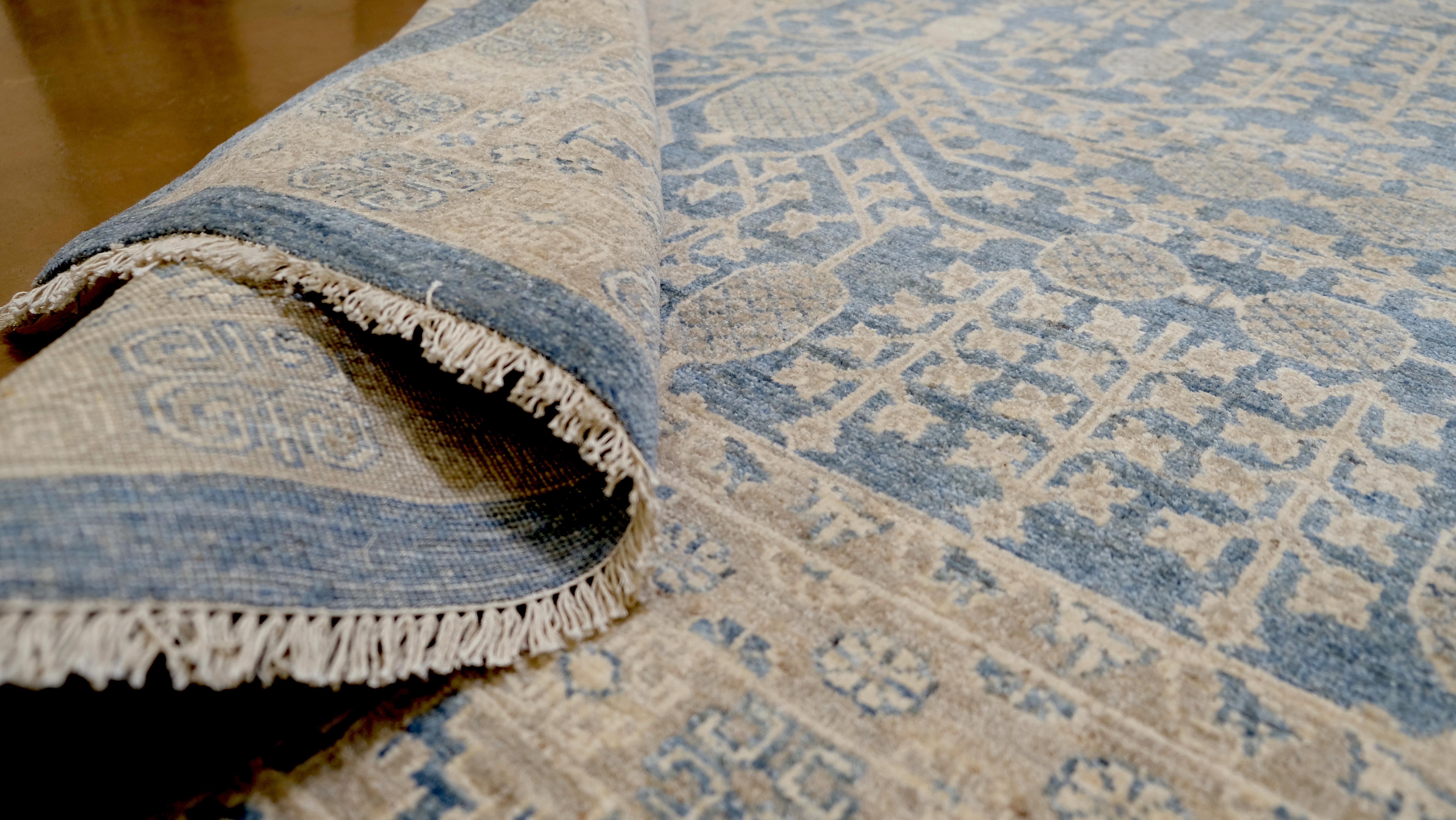 Khotan Elegant Blue and Ivory Hand Knotted Wool Khoton Rug 9'1''x12' For Sale