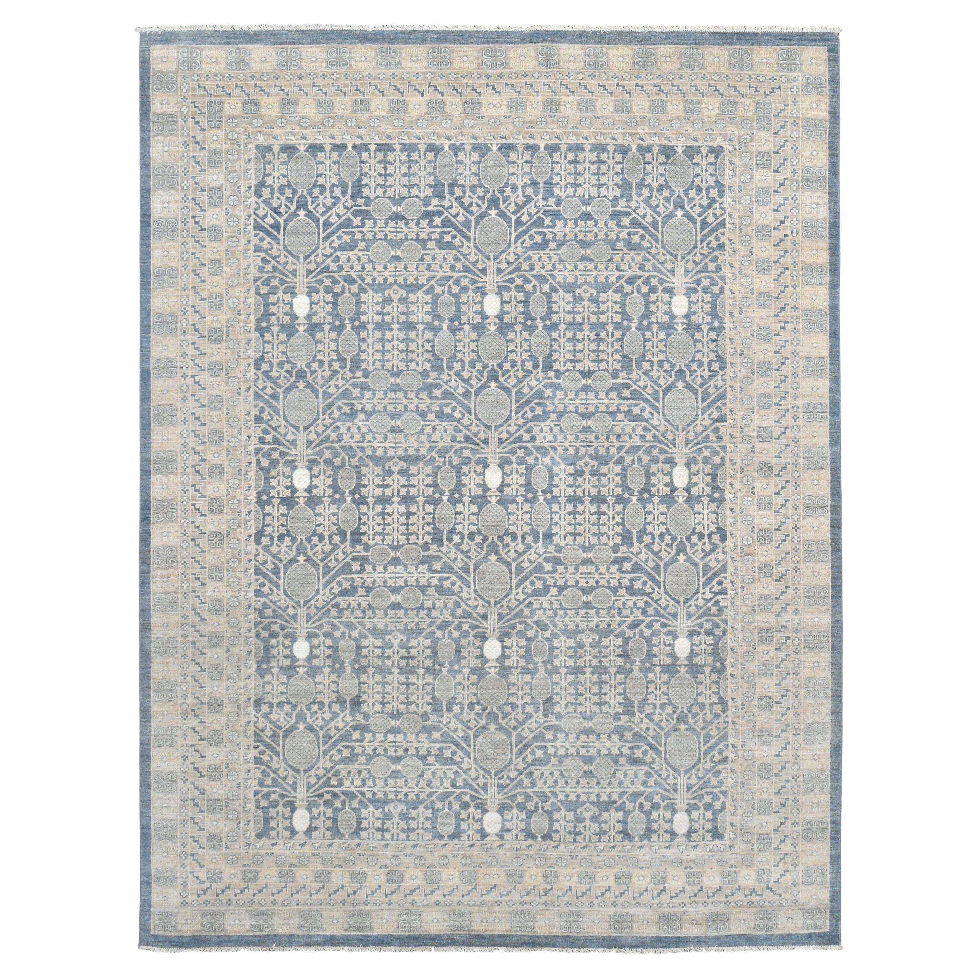 Elegant Blue and Ivory Hand Knotted Wool Khoton Rug 9'1''x12'