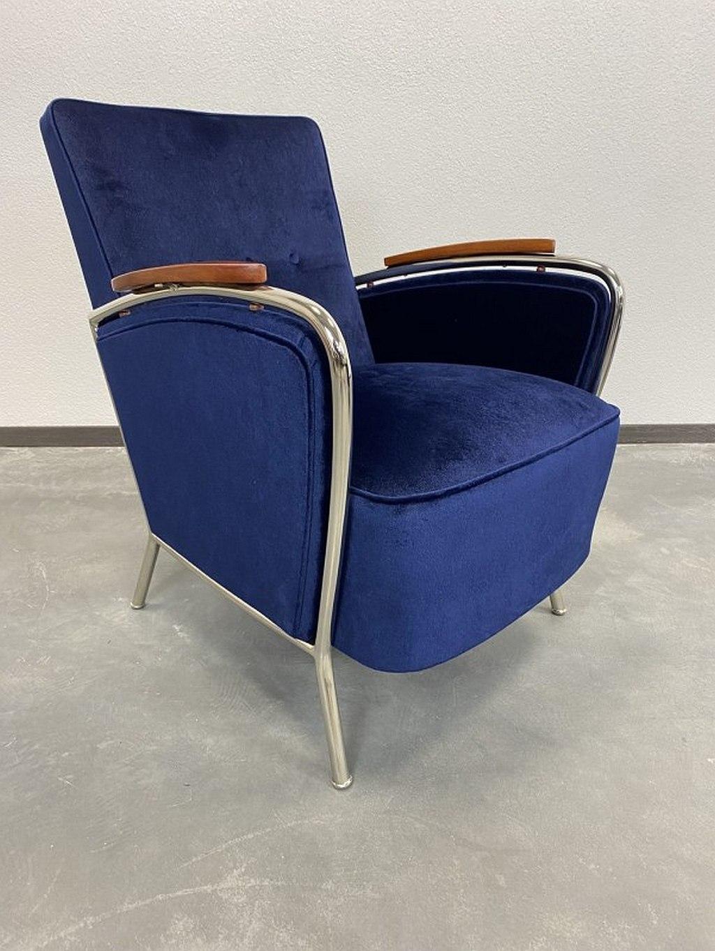 Mid-Century Modern Elegant Blue Chrome Armchairs Jozsef Peresztegi For Sale