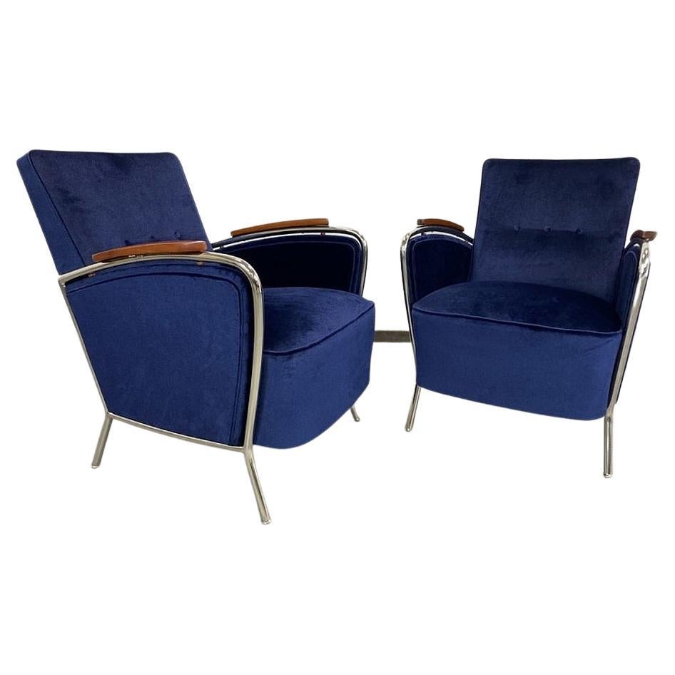 Elegant Blue Chrome Armchairs Jozsef Peresztegi For Sale