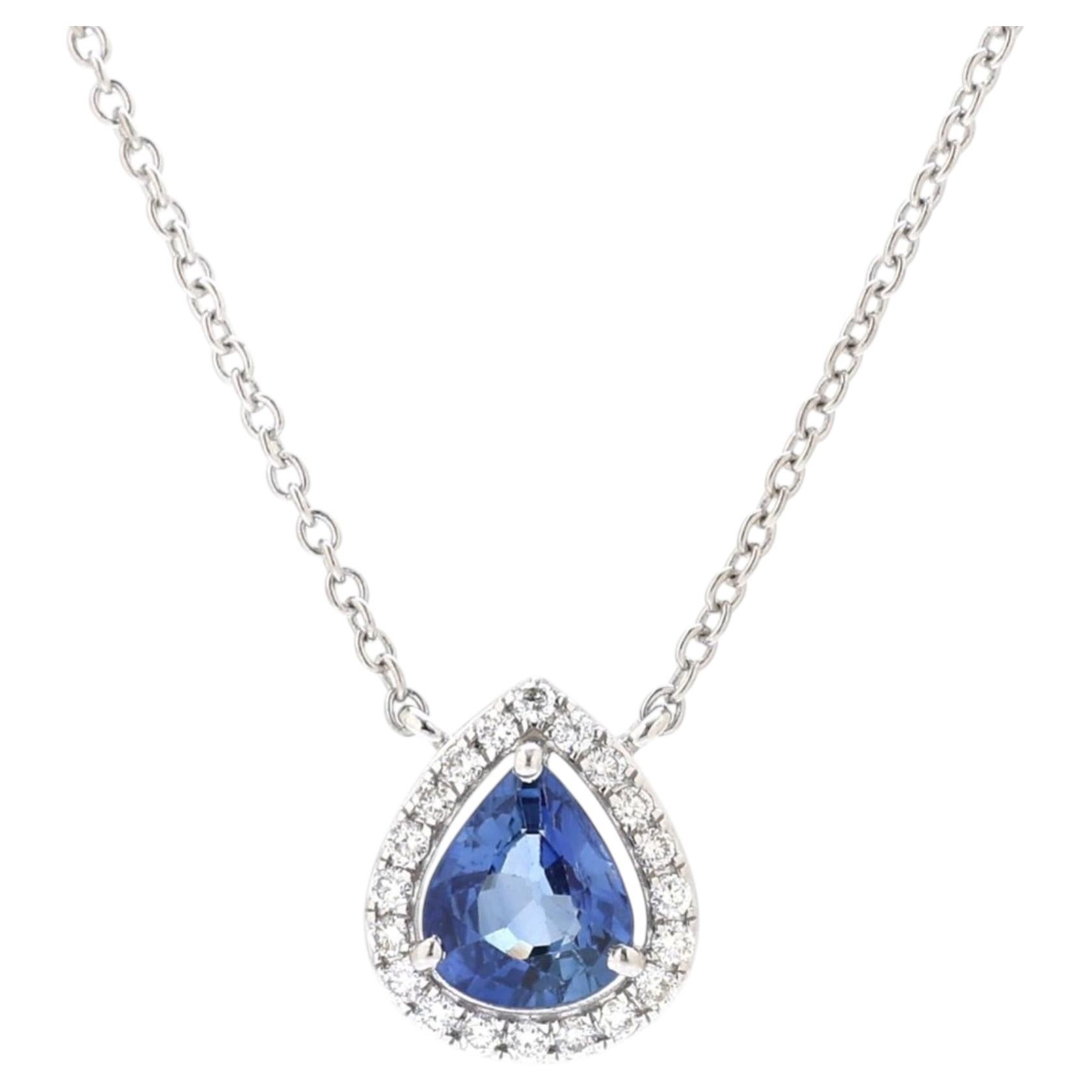 Pear Blue Sapphire & Diamond Halo 18K White Gold Necklace
